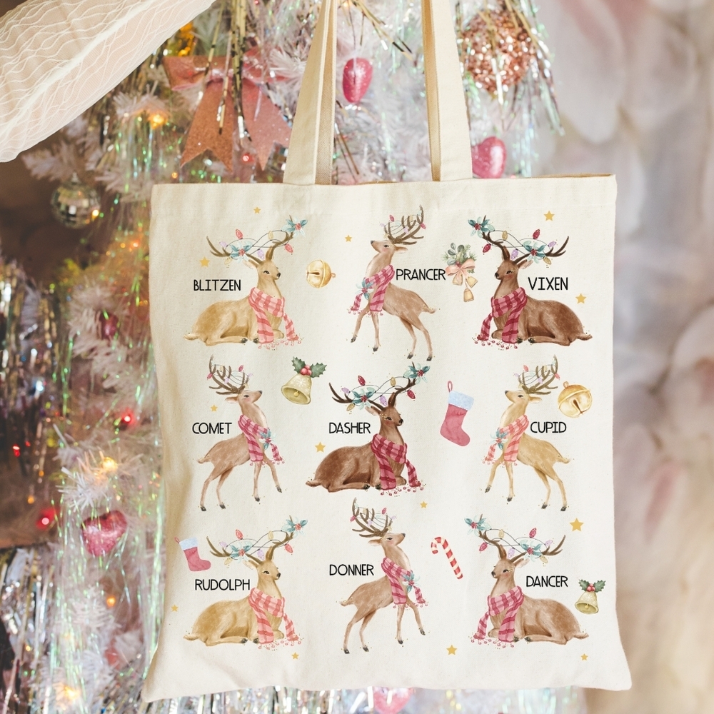 Christmas Holiday Reindeer Vintage Coquette Natural Cotton Canvas Tote